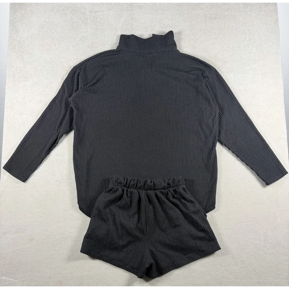 Fashion Nova Ribbed 2 Piece Lounge Set Black Henley Top Boxer Shorts Medium‎